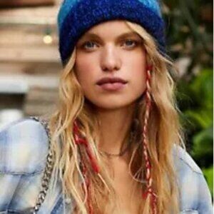 NWT Free People Cozy In Stripes Knitted Cobalt Blue Beanie 90's Retro